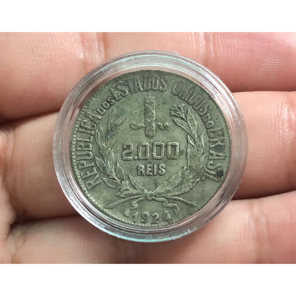 Moeda 2000 Reis 1924 Prata República dos Estados Unidos Do Brasil Em Cápsula