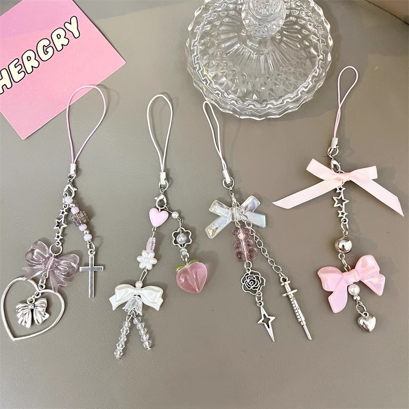 Rosa Kawaii Y2K Pêssego Chaveiro Amor Coração Encantos Do Telefone Bonito Bowknot Grânulo Pingente Doce Menina em Oferta na Shopee