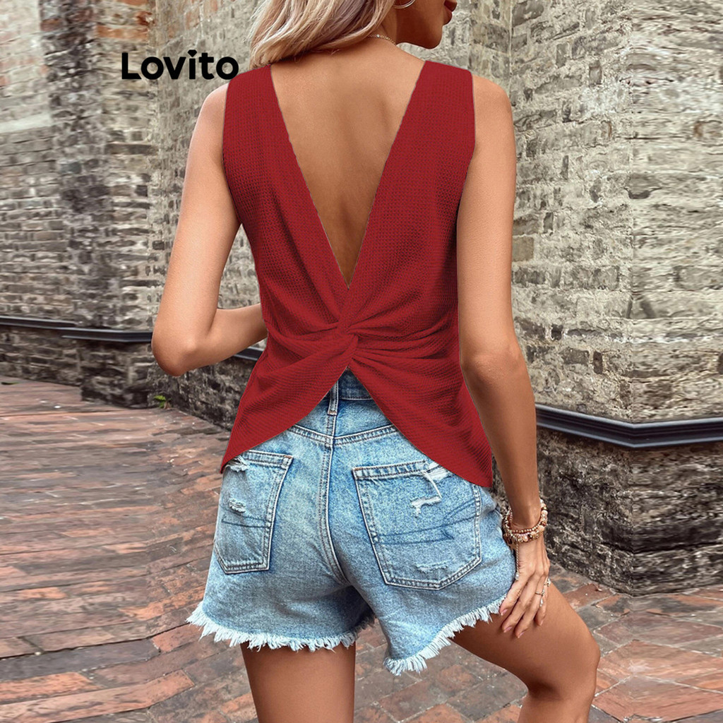 (Trendy) Lovito Regata Casual Com Nó Liso E Costas Nuas De Verão Para Mulheres LNL43175 - Women Clothes