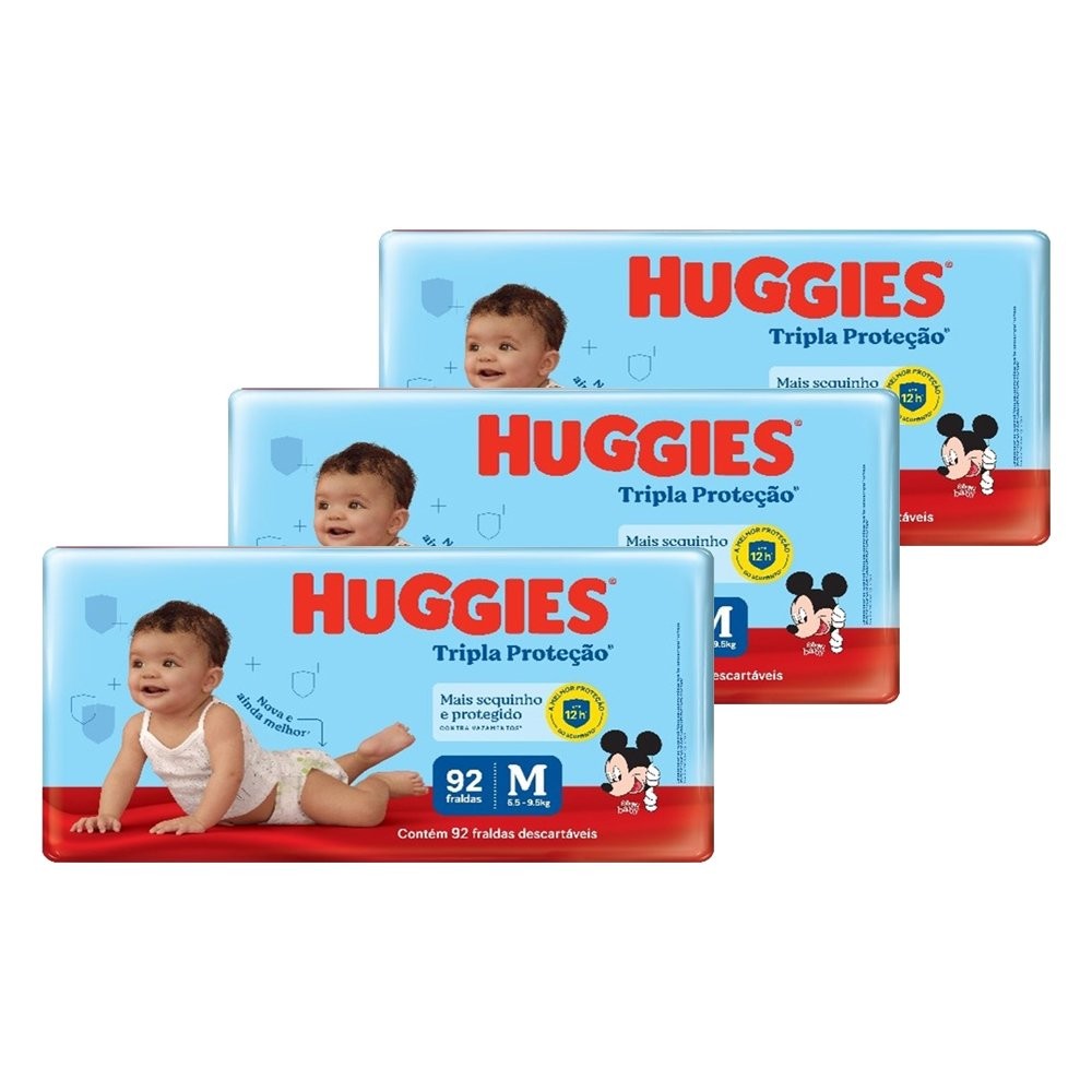 Fralda Descartável Huggies Tripla Proteção Hiper Média - 3 Pacotes com 92 Fraldas - Total de 276 Tiras em Oferta na Shopee