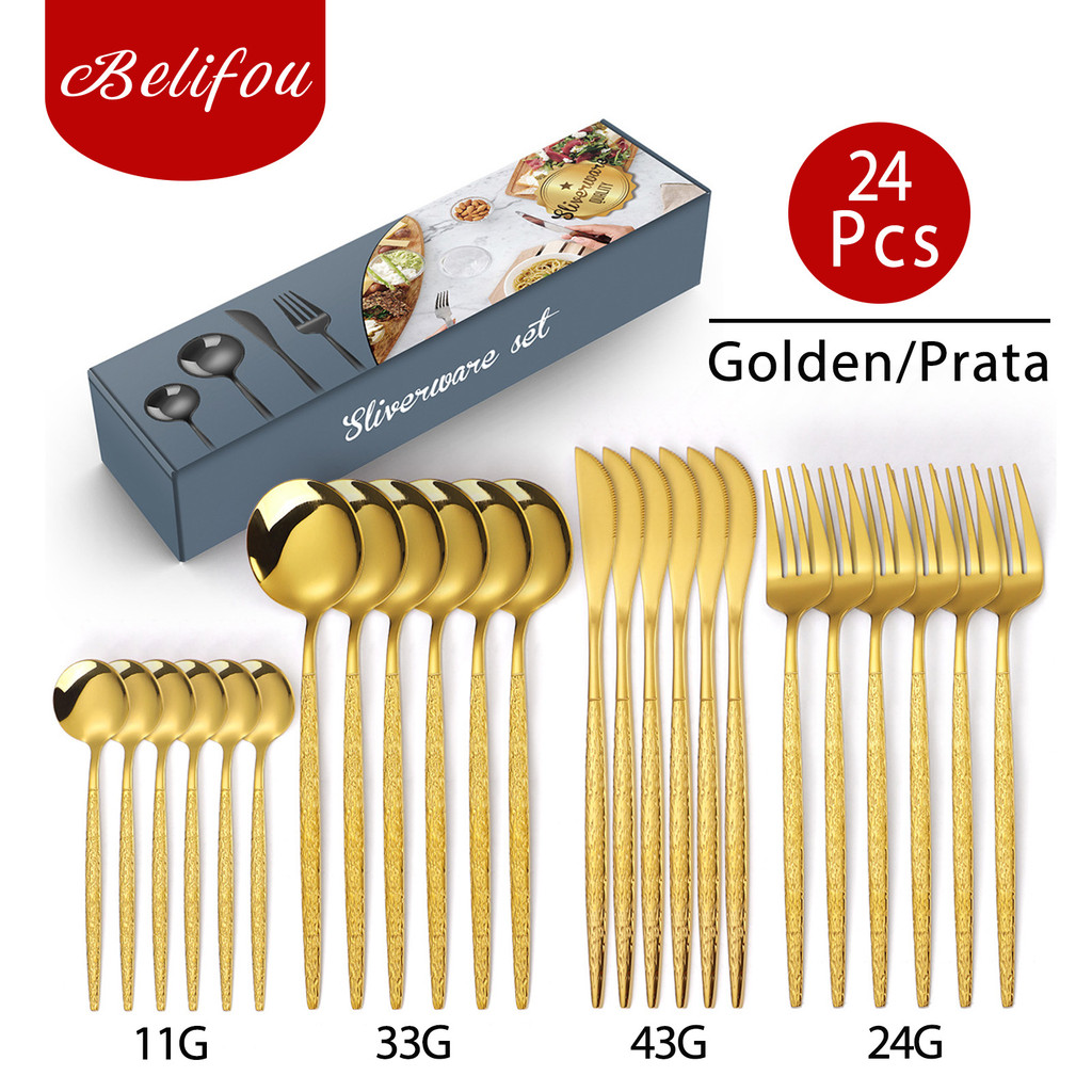 Belifou 416 Dourados Kit 24 Jogo De Talheres Aço Inoxidável Talheres Com Textura De Casca em Oferta na Shopee