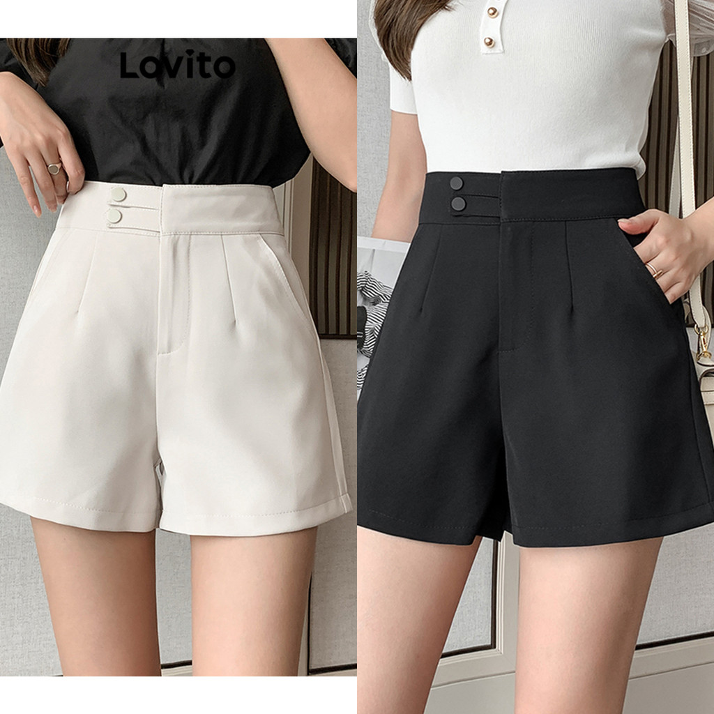 Lovito Shorts Casuais Lisos Com Bolso Duplo Para Mulheres LNE48267 - Women Clothes