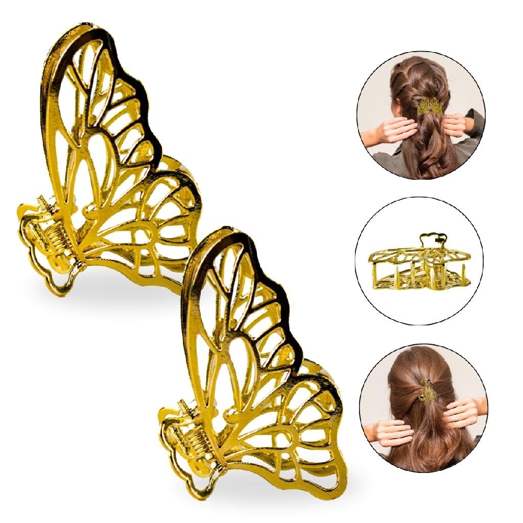 Kit 2 Presilhas de Metal Borboleta Grande Dourada Cabelos Presilha Penteado Look Acessório Coque