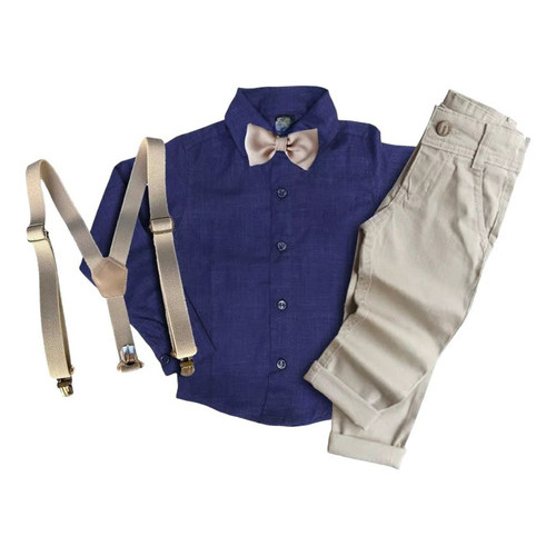 Conjunto Roupa Social Calça Bege Camisa Azul Suspensório Gravata Social Batizado Formatura Casamento Festa Menino Infa