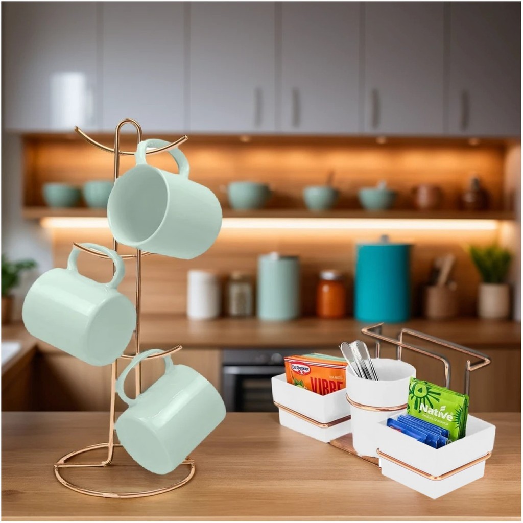 Kit Porta Sachê Suporte Organizador Porta Xícaras Café Bancada Cozinha Rose Gold - Future