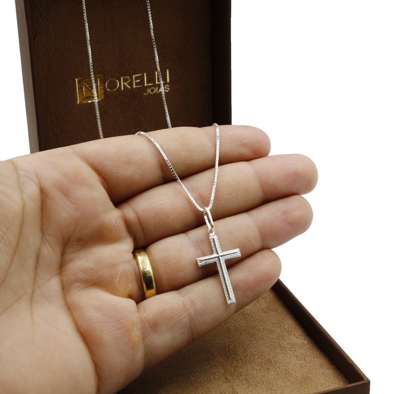 Corrente cordão de prata 925 Masculina Veneziana 70cm pingente Cruz meio liso em Oferta na Shopee