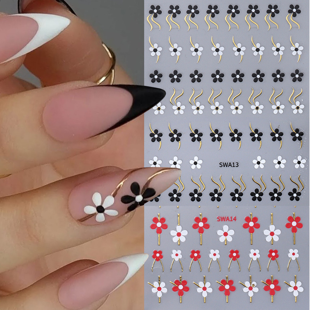 2/3pcs Adesivos Simples De Unhas De Flor De Verão Linha Floral Vermelha Branca Desenho De Listras Deslizantes Decoração De Arte Decalques De Manicure