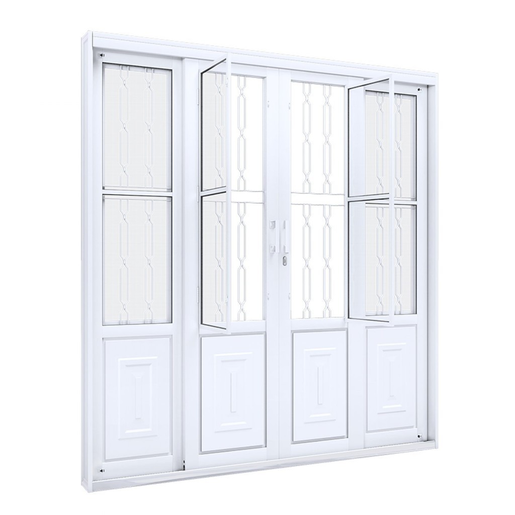 Porta de Aço de Correr 213x200cm 4 Folhas com Grade Mosaico e Vidro Liso Facilita Lucasa Branco em Oferta na Shopee