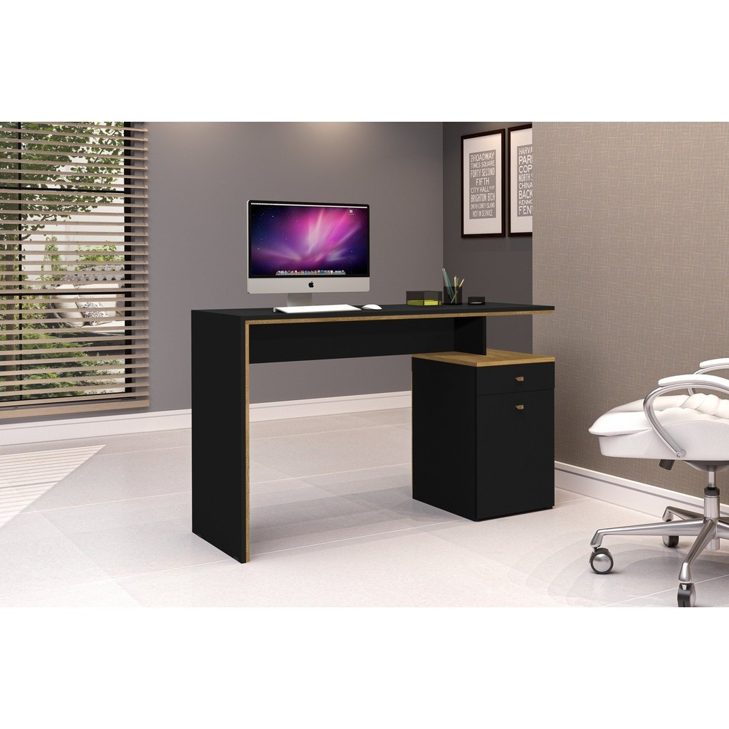 Escrivaninha Mesa Escritório 120cm 1 Porta 1 Gaveta Office Preto/Freijó em Oferta na Shopee