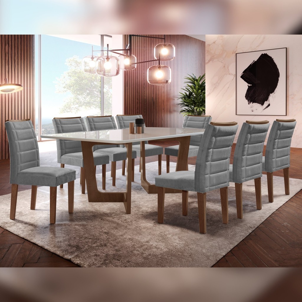 Conjunto Sala De Jantar Nápoles Tampo Vidro/MDF com 8 Cadeiras Genova Smart Plus  Chocolate/Off White/Cinza - Home & Living