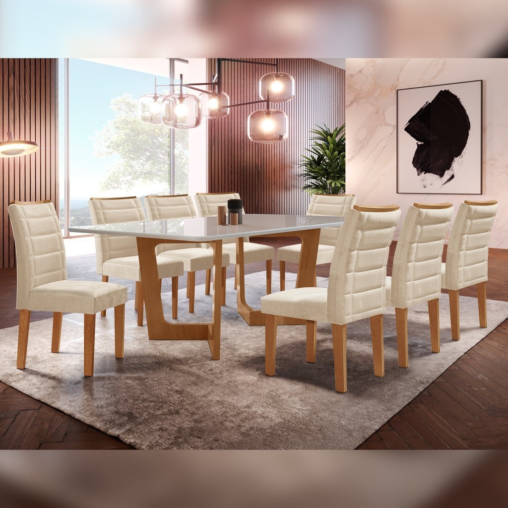 Conjunto Sala De Jantar Nápoles Tampo Vidro/MDF com 8 Cadeiras Genova Smart Plus  Cinamomo...
