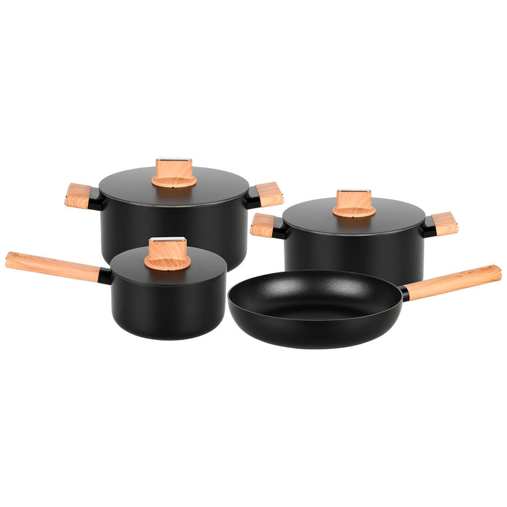 Conjunto De Panelas Em Aluminio Forjado Wood Black 4 Pçs 8467 MTA Black Caçarola Frigideira Panela