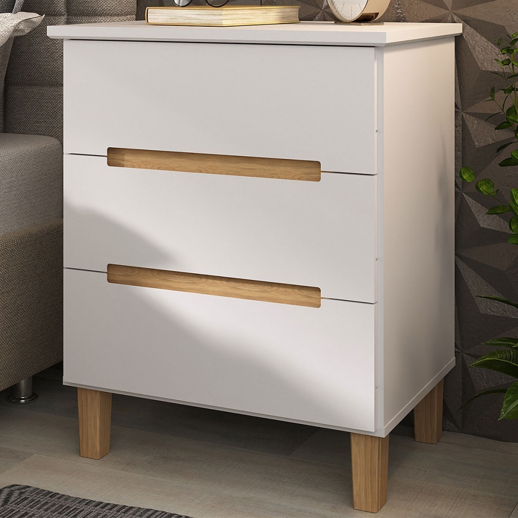 Mesa de Cabeceira 3 Gavetas Branco/Olmo Italiano - Manbel - Home & Living