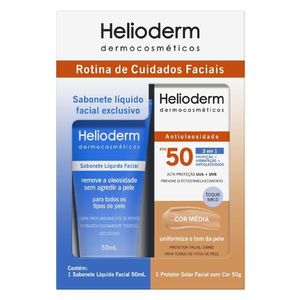Kit Sabonete Liquido Facial Helioderm 50ml + Protetor Solar Facial FPS50 Cor Media 50g - Beauty
