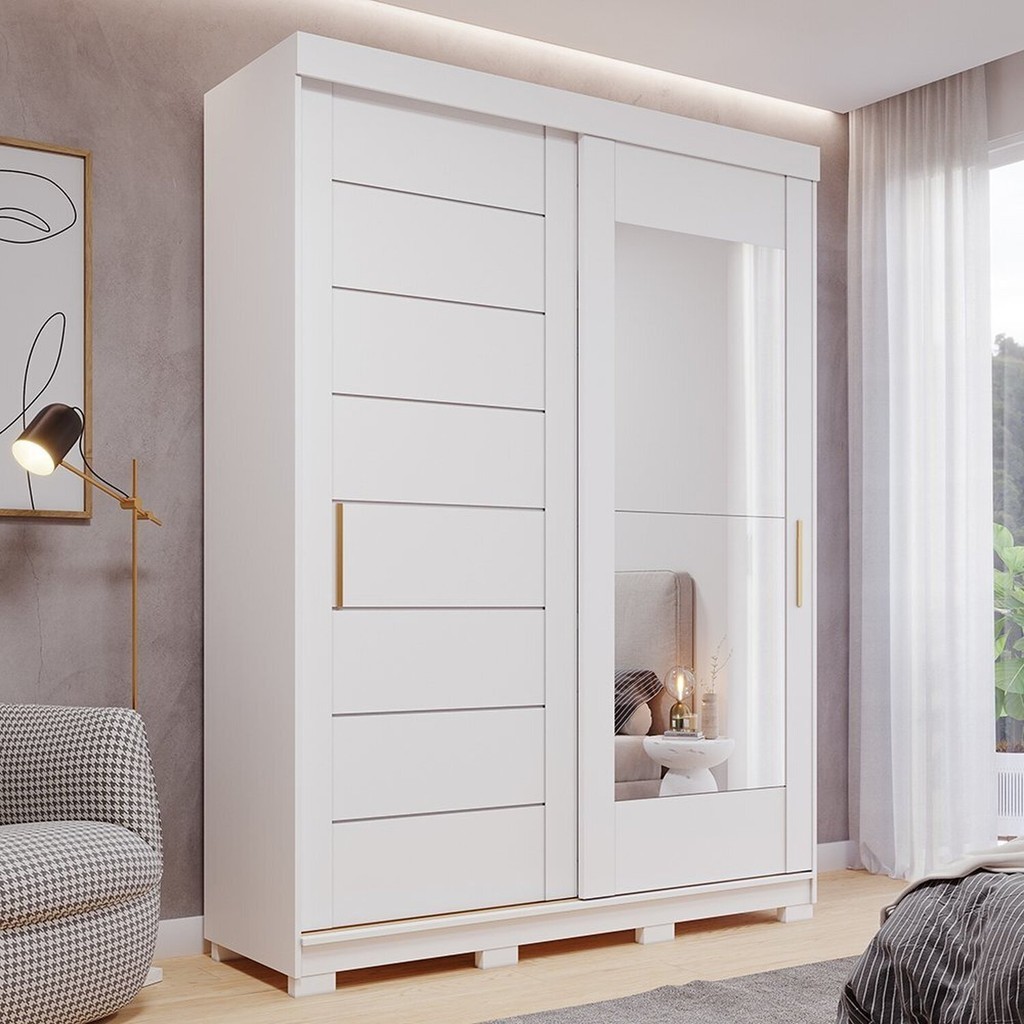 Guarda-Roupa Solteiro 160cm 2 Portas de Correr com Espelhos 100% Mdf Dubai Espresso Móveis Branco - Mom & Baby