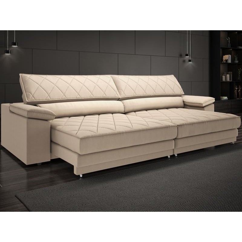 Sofá de Duplo Molejo com Carregador USB, Retrátil e Reclinável Viena 2,90m Linho Soft Bege- NETSOFAS