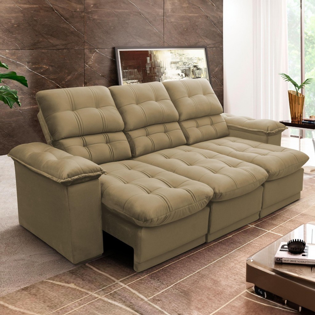 Sofá Retrátil Reclinável Atenas 2,30m Suede Velut Bege c/ Molas no Assento - King House em Oferta na Shopee