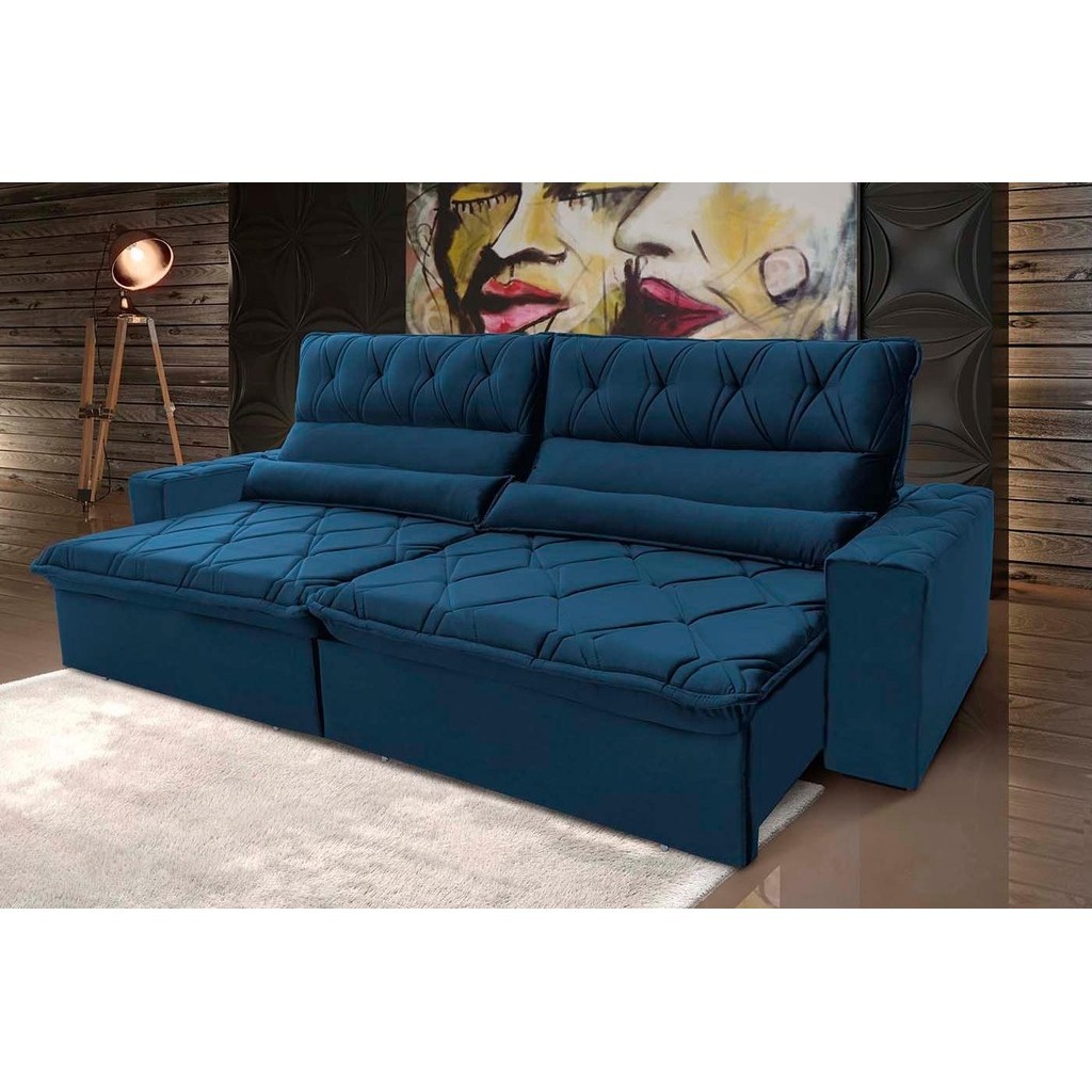 Sofá Retrátil Reclinável França 2,10m Suede Velut Azul Marinho  Molas no Assento - King House - Home & Living
