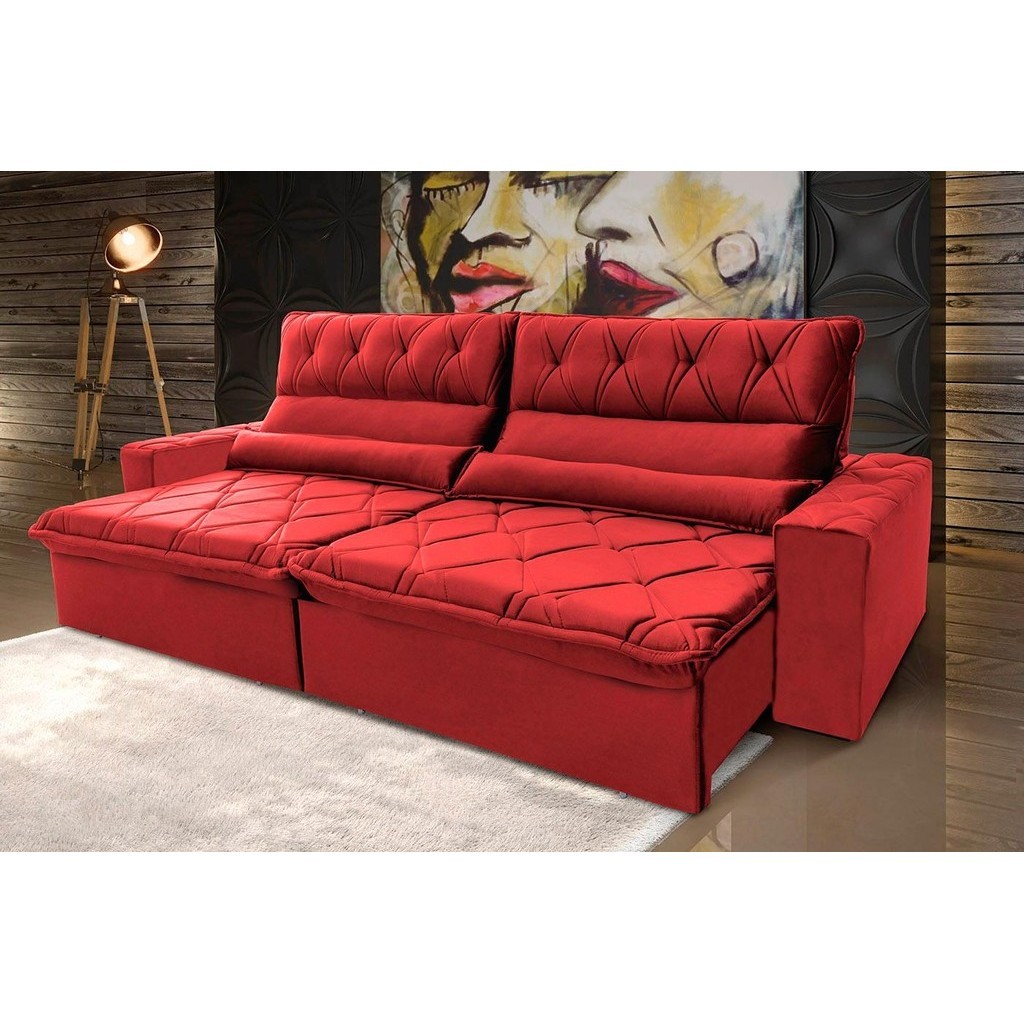 Sofá Retrátil Reclinável França 2,30m Suede Velut Vermelho  Molas no Assento - King House - Home & Living