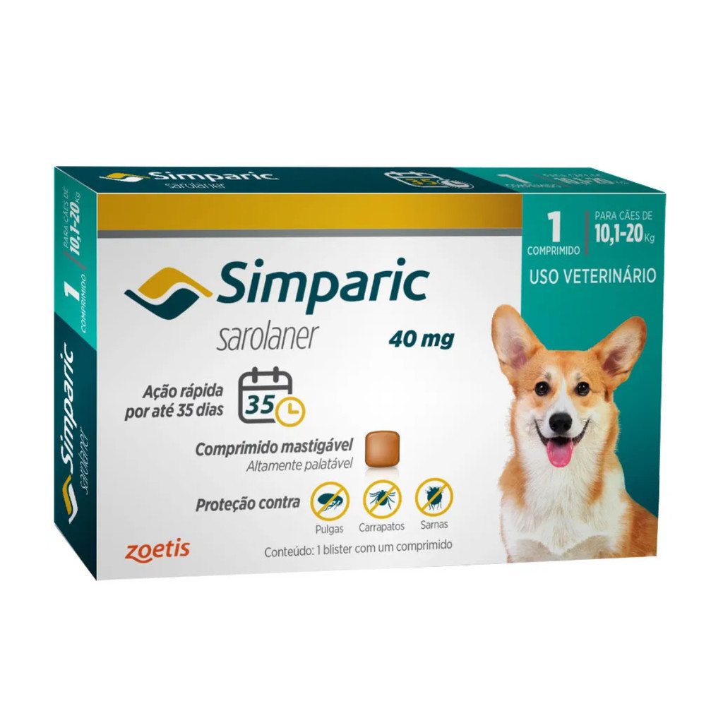 Antipulgas Para Cães Simparic 40mg De 10-20kg 1 Comprimido - Pets