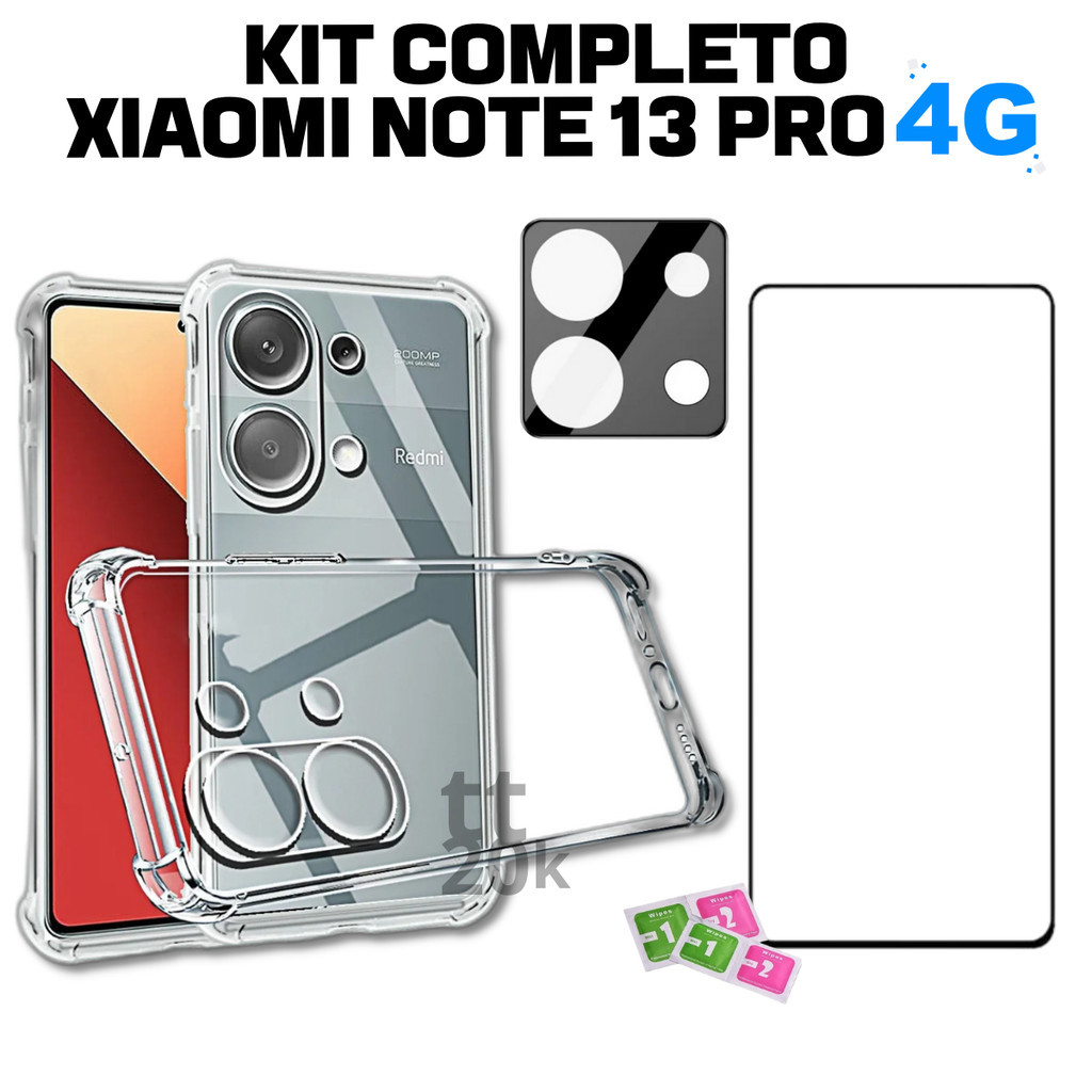 Kit Xiaomi Redmi Note 13 Pro 4g Capinha Transparente Tpu + Pelicula Vidro Temperado 3D + Película Para Câmera