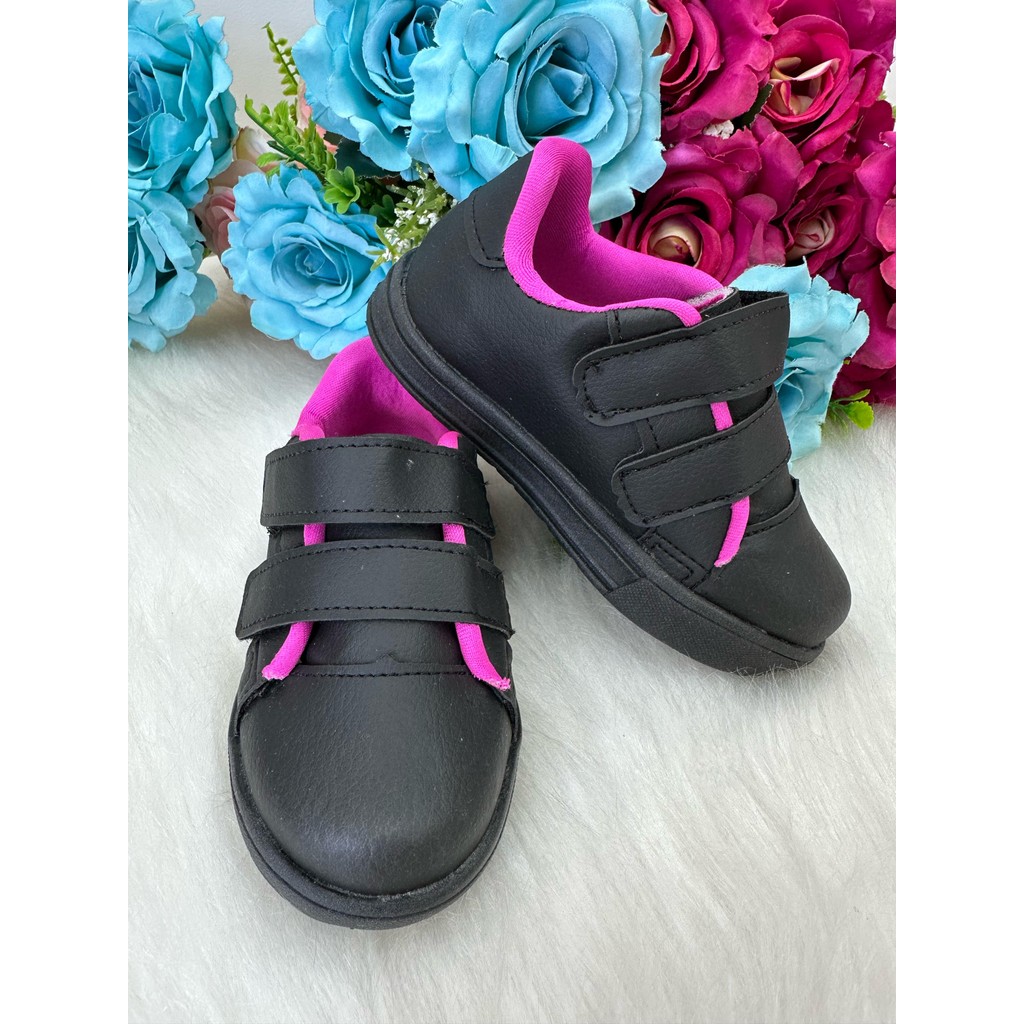 Tenis D Milan Vivi Preto Com Pink Velcro Infantil Juvenil Confortável Escolar Casual Social Moda Estilo Resistente