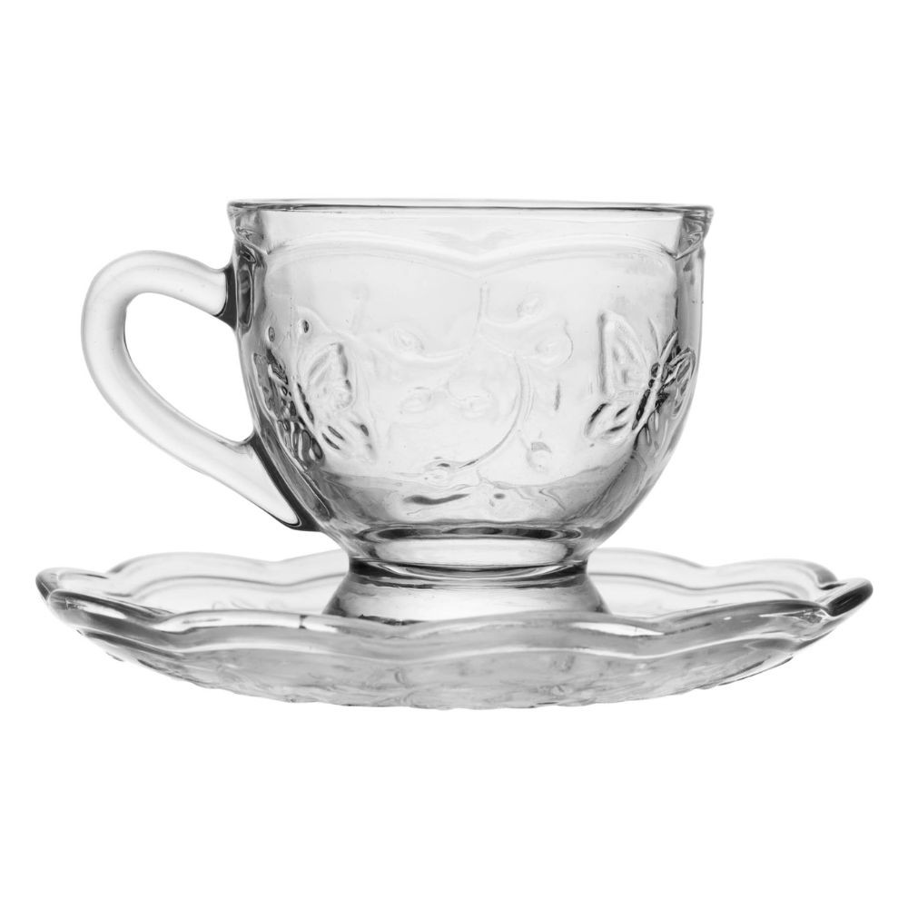 Jogo 4 Xícara de Chá Café com Pires Cristal Ecológico New Butterfly Flores Borboletas 180ml Lyor