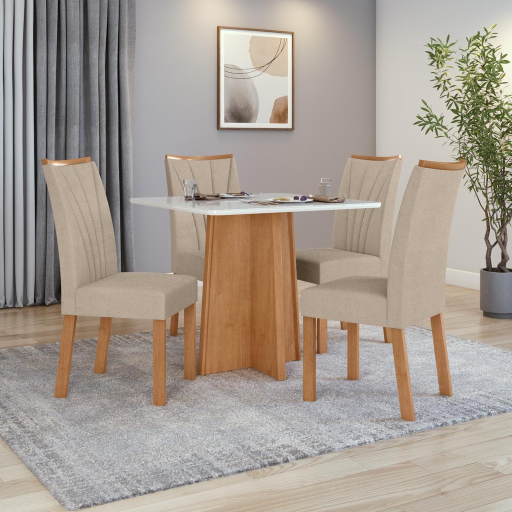 Conjunto Sala de Jantar Mesa Celebrare 90x90 Tampo Vidro/MDF com 4 Cad Apogeu Veludo Amendoa/Off - Home & Living