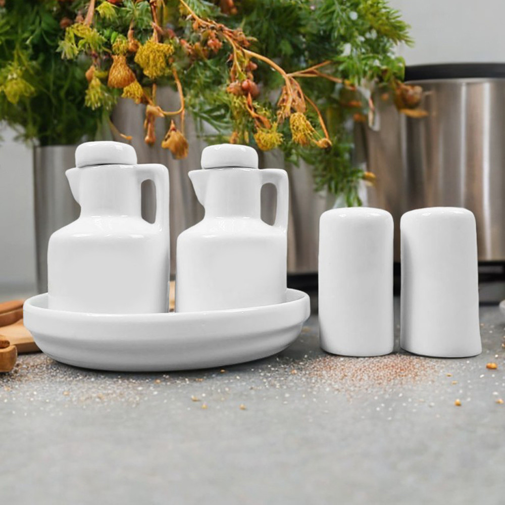 Kit Galheteiro Porcelana com Saleiro e Paliteiro de Mesa