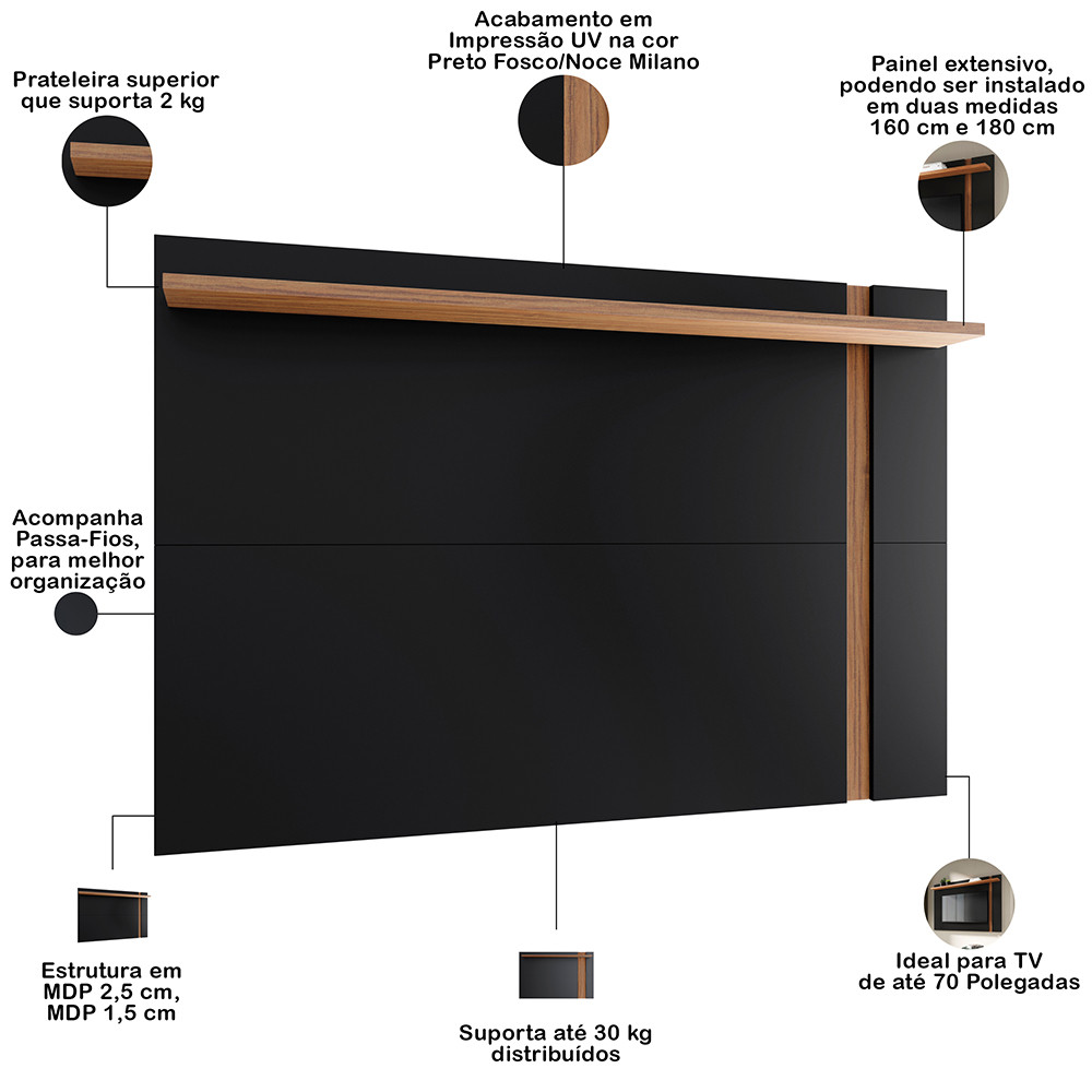Painel Para TV 70 Pol Extensível 180cm Lara C04 Preto Fosco Noce Milano - Lyam Decor · foto 2