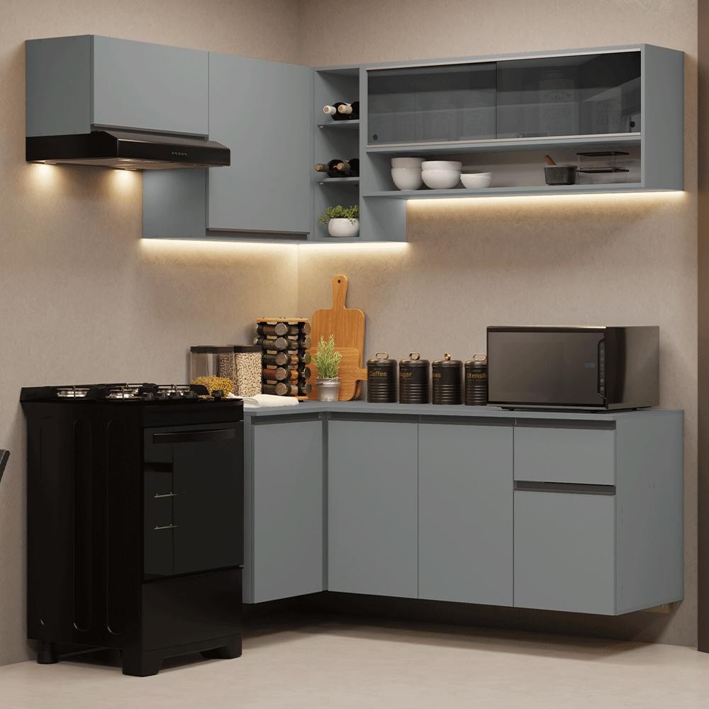Armário de Cozinha Completa de Canto Suspenso 325cm Cinza Nice Madesa 02