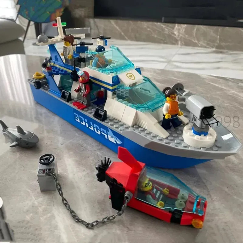 Barco Compatível Lego city DIY Patrulha Policial Oceano Da Cidade Blocos De Construção Brinquedos Educativos