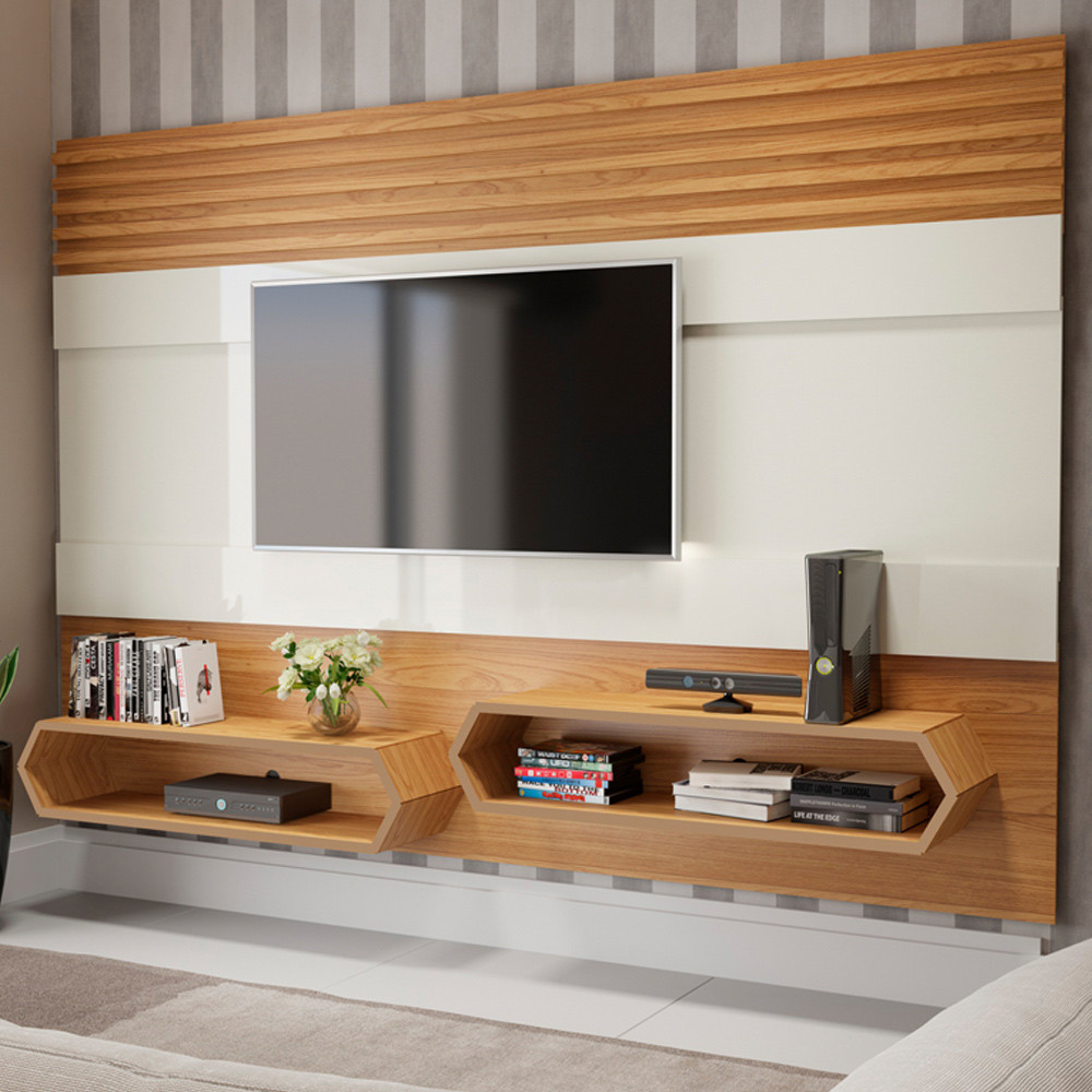 Painel Para TV 65 Pol Suspenso 220cm 2 Nichos Hexagon D03 Off White Freijó - Lyam Decor
