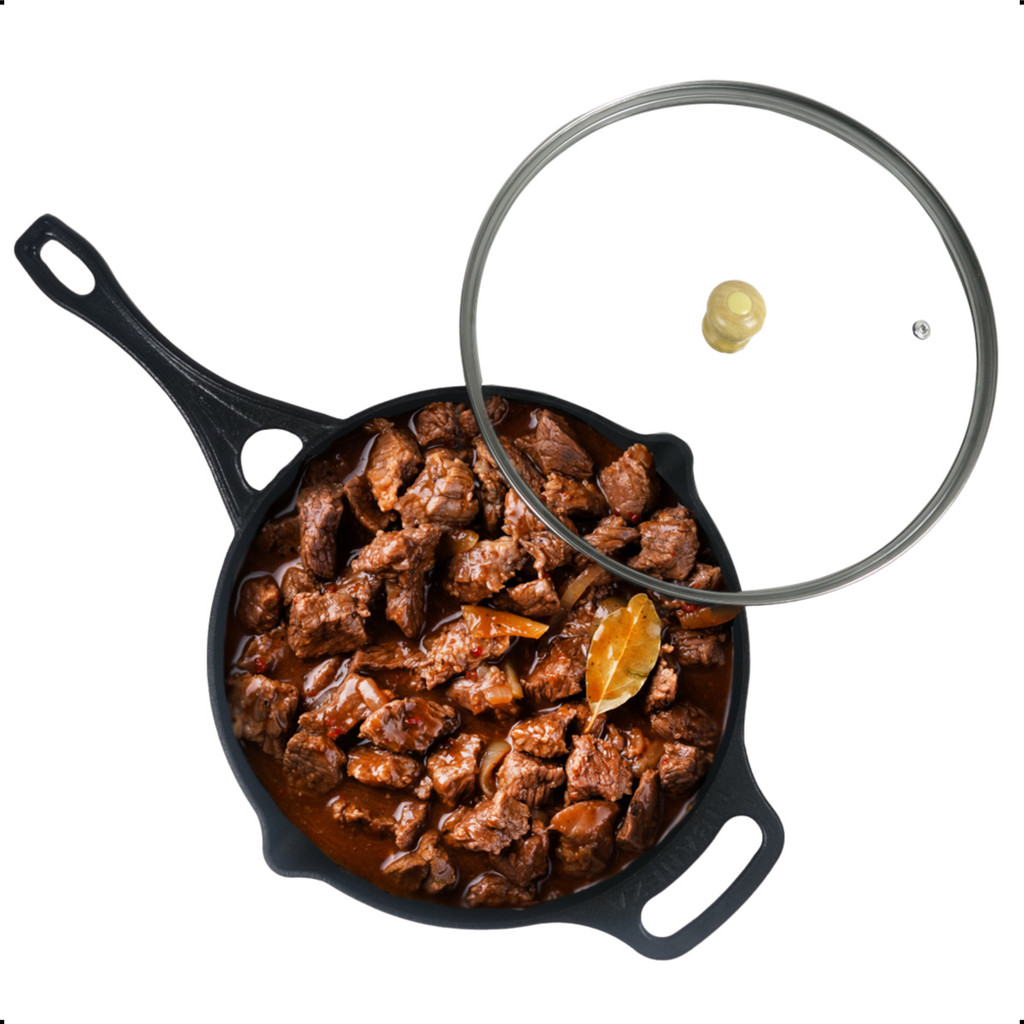 Frigideira de Ferro Fundido Borda Alta Skillet Gourmet com Cabo e Tampa de Vidro Estilo Lodge