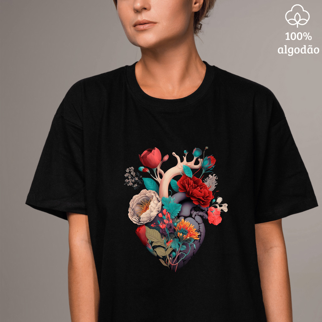 T Shirt Feminina Coração Floral Camiseta Linda Preta - Tecido 100% Algodão Heart Flower Moda 2025 em Oferta na Shopee