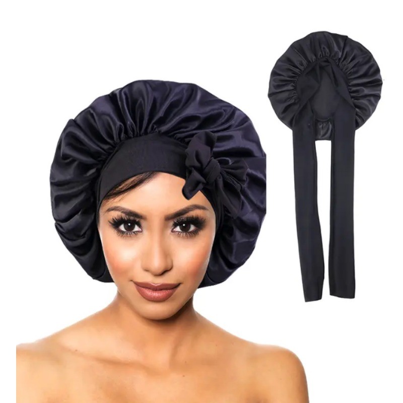 Novas Mulheres Cetim Sólido Chapéu De Dormir Gorros De Seda Com Faixas De Gravata Elástico Touca De Banho Ajustável Para