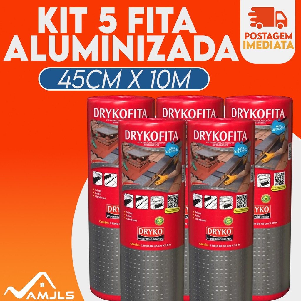 Kit 5 Fita Manta Asfáltica Aluminizada 45cm 10mt Multiuso Drykofita