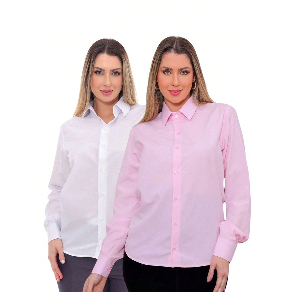 KIT Feminino 2 Peças - Camisa Social Manga Longa Slim Lisa Branco e Camisa Social Manga Longa Slim Lisa Rosa