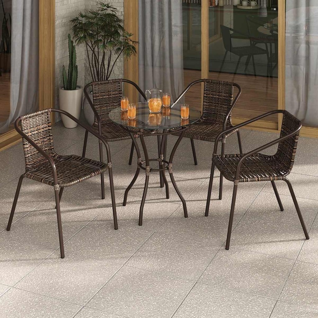 Conjunto para Jardim com Mesa Vidro 60cm e 4 Cadeiras Junco Sintético Multimóveis CR8008