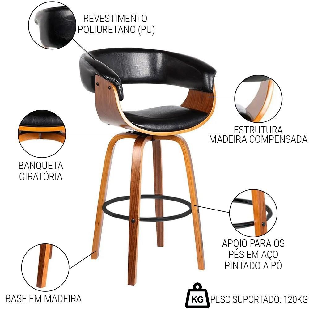 Detalhes do Banqueta Giratória Alta com Encosto Base Madeira Ravi R02 Sintético Preto - Mpozenato