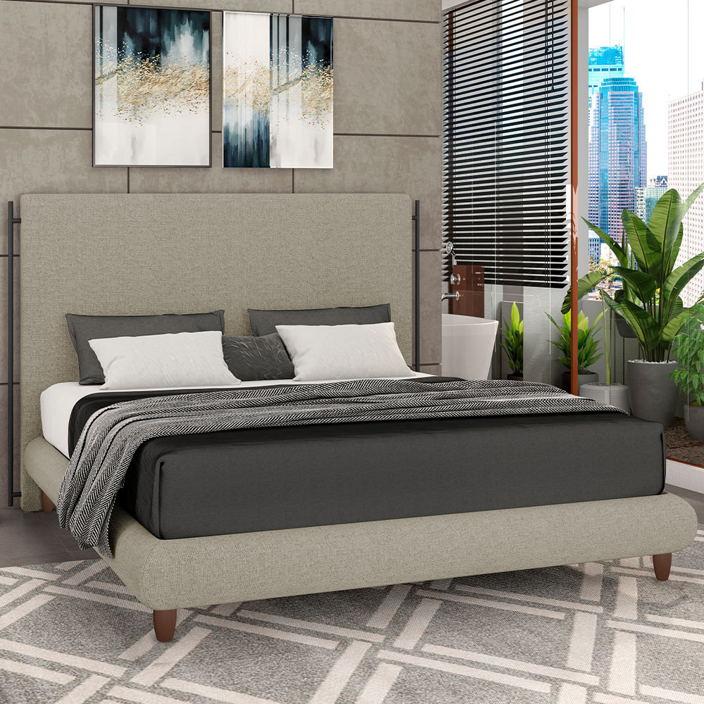 Cama Casal Pés de Madeira 156cm Otto P05 Linho Bege Escuro - Lyam Decor