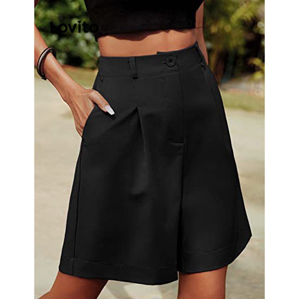 Lovito Shorts Plissados Casuais Com Bolso Liso Para Mulheres LNL43146