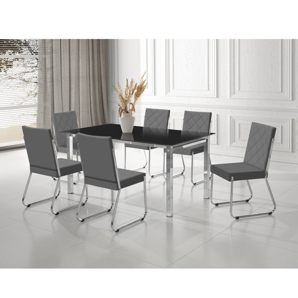 Conjunto Sala de Jantar Mesa Ortenia Tampo Vidro com 6 Cadeiras Dinah New Cromado/Cinza em Oferta na Shopee