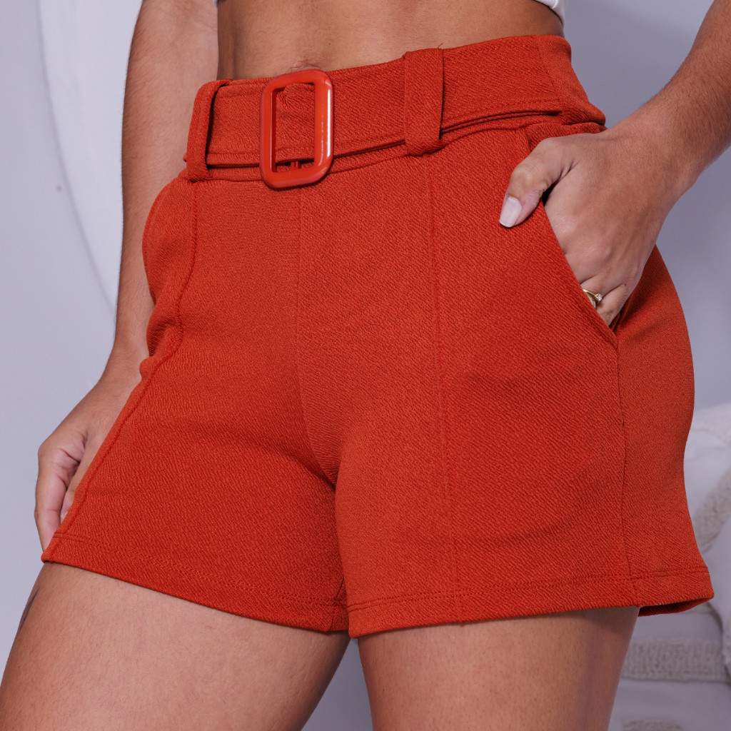 Shorts Feminino Fivela Curto Cintura Alta Malha Crepe com Bolso Elastano bermuda em Oferta na Shopee