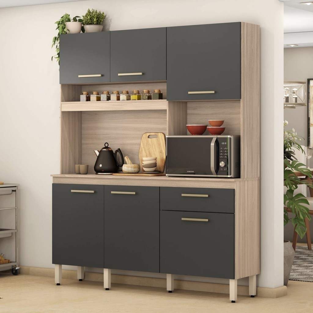 Cozinha Compacta 6 Portas 1 Gaveta Alamo  Avena/Grafito em Oferta na Shopee