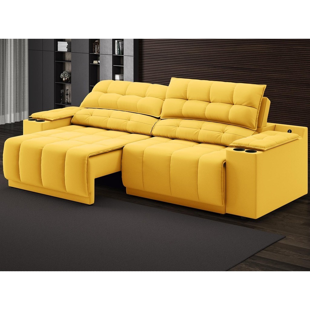 Sofá com Porta Copos Carregador USB Ret Rec Samurai 2,00m Velosuede Canário - NETSOFAS - Home & Living