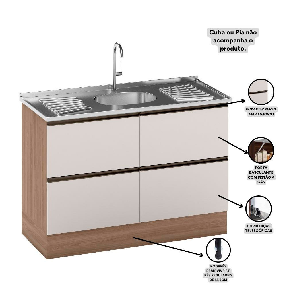 Balcão para Pia e Cuba 120 cm 2 Portas 2 Gavetas Etna Poliman — imagem 2 de 2