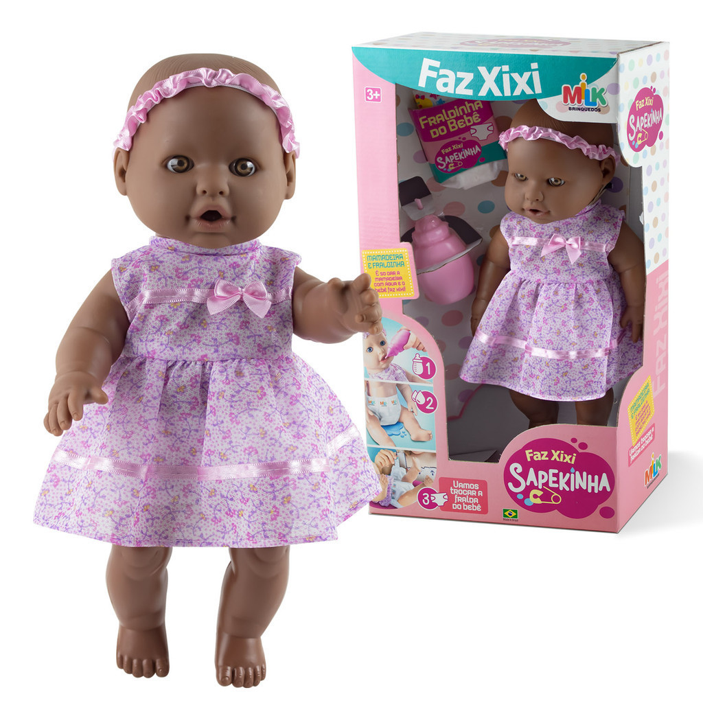 Boneca Negra Bebezão Faz Xixi De Verdade C/ Fralda E Mamadeira - Milk Brinquedos