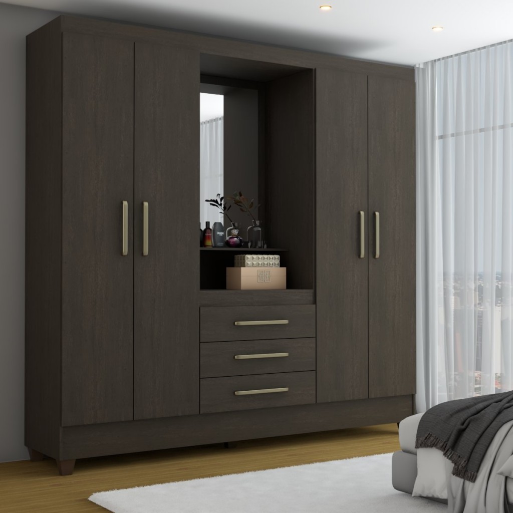 Guarda-Roupa Solteiro Capelinha 4 Portas 3 Gavetas com Espelho ébano - Panorama Móveis - Home & Living