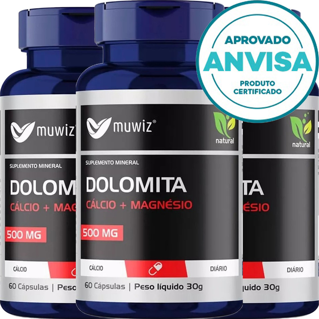 KIT 3 Unidades Dolomita ( Cálcio + Magnésio ) 60 Cápsulas 500mg - Muwiz